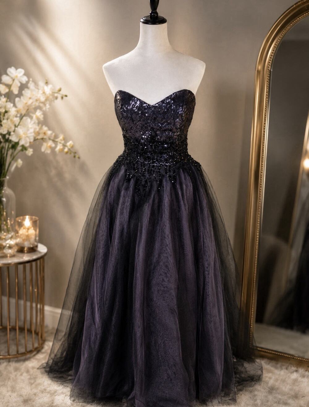 Camille La Vie Black Gothic Ball Dress Strapless Beaded Corset Tulle 10
